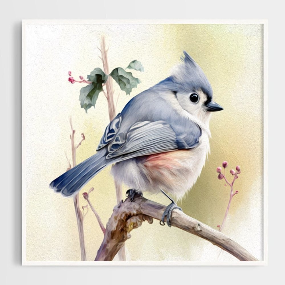 8x8 Or 8x10 Tufted Titmouse on a Limb Watercolor Oil Painting Print - Picture 3 of 4